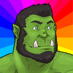 A handsome orc with a radial rainbow background, inspired by gay pride flag designs